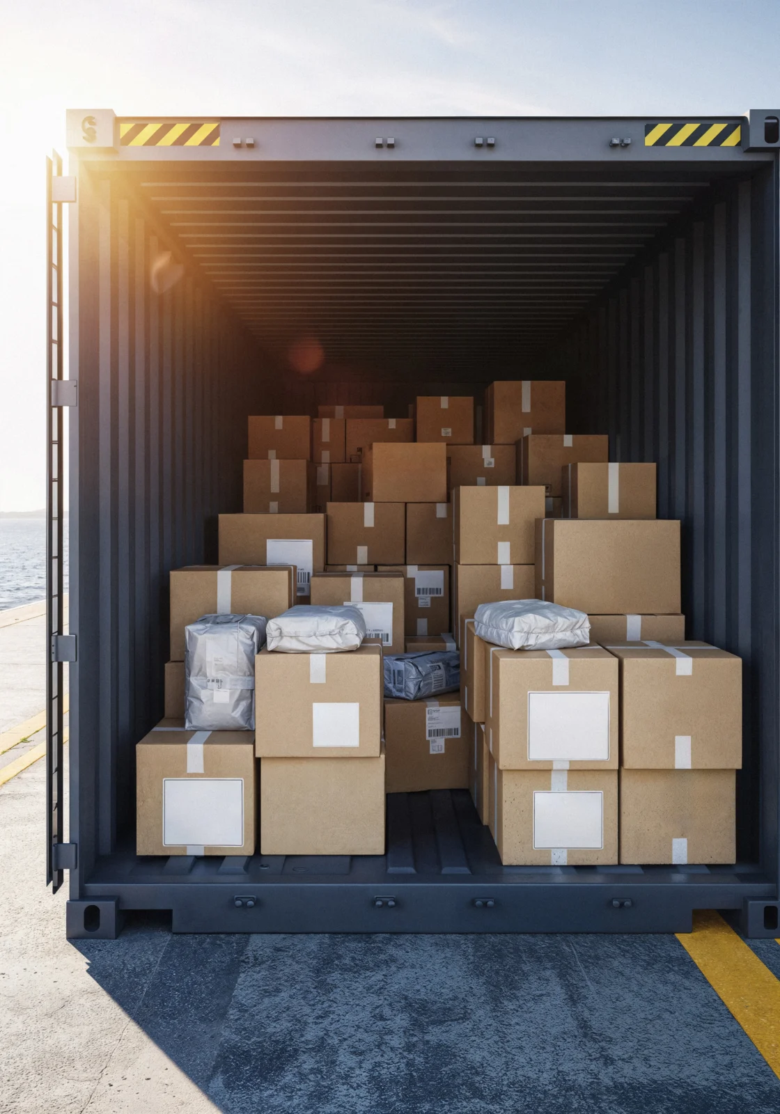 Conteneur ouvert rempli de cartons