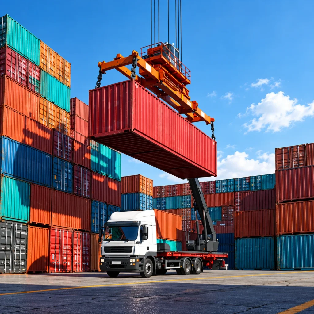 Conteneur soulevé par une grue au-dessus d’un camion au port
